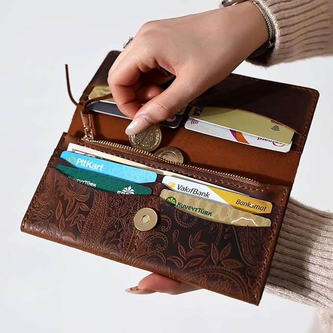 Genuine Leather Handmade Wallet for Women Large Capacity Credit Card Holder Ladies Bifold Long Clutch Handbag Slim Minimalist Western Purse with Zipper Pocket