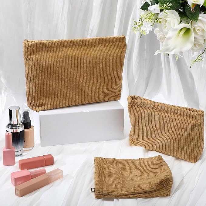 Sanwuta 3 Pack Corduroy Makeup Bag Set Cosmetic Toiletry Travel Pouch Organizer Velvet Makeup Bag for Women Large Pouch Zipper Purse Make up Organizer, Women Girls Gift(Khaki)