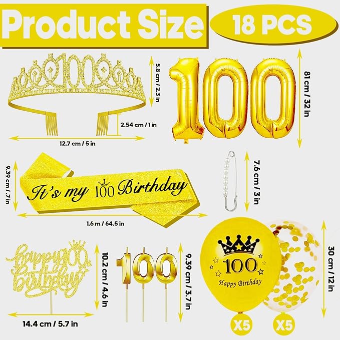 100th Birthday Decorations for Her Girls Set, Include 100th Birthday Crown and 100 Sash, 100th Birthday Cake Topper and 100 Birthday Candles, Gold 100 Balloons, Women 100 Party Supplies(Gold)