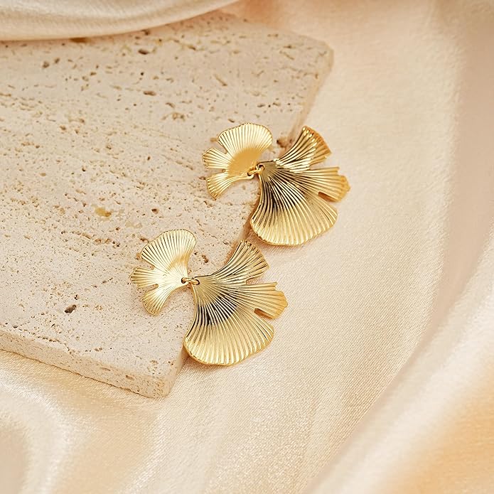 Large Gold Earrings for Women, Chunky Gold Statement Drop Dangle Earring Maple Leave Ginko Leaf Jewelry Gifts