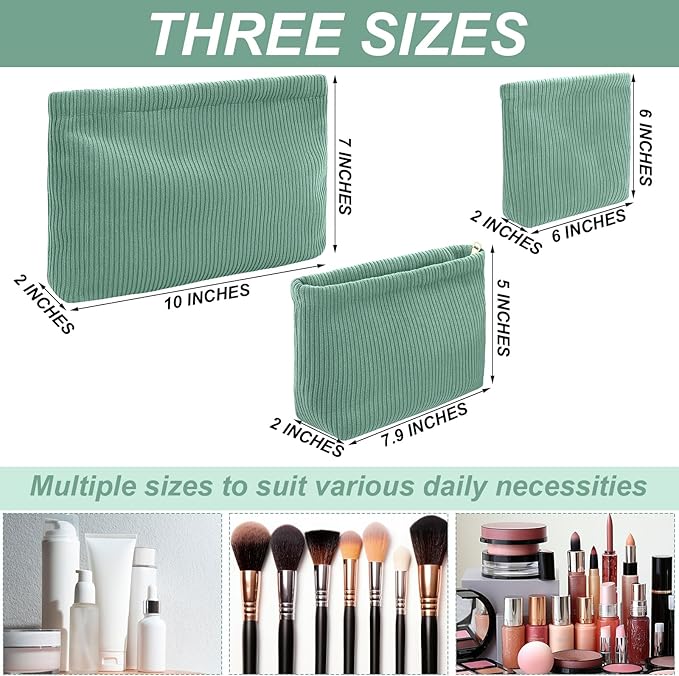 Sanwuta 3 Pack Corduroy Makeup Bag Set Cosmetic Toiletry Travel Pouch Organizer Velvet Makeup Bag for Women Large Pouch Zipper Purse Make up Organizer, Women Girls Gift(Light Green)