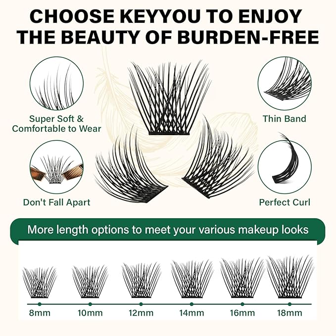 KEYYOU Lash Clusters 144pcs Individual Lashes D Curl 16mm Eyelash Clusters Super Lightweight Air Touch Cluster Lashes Soft&Wispy Comfortable Easy to DIY at Home(Air01-D-16mm)