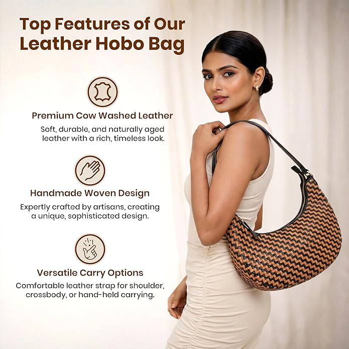 Handmade Woven Genuine Leather Bag, Premium Quality, Crossbody Purse & Hobo Handbag, Diagonal Pattern, 11.81x3.94x9.06 Inches