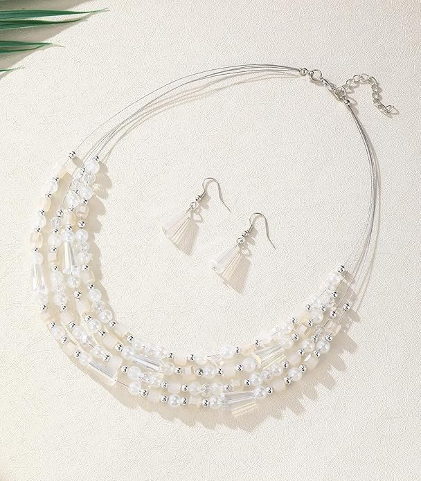 Layered Beaded Statement Necklace Multi Strand Crystal Beads Collar Necklace and Earring Sets for Women Fashion Costume Jewelry Set Gifts for Her