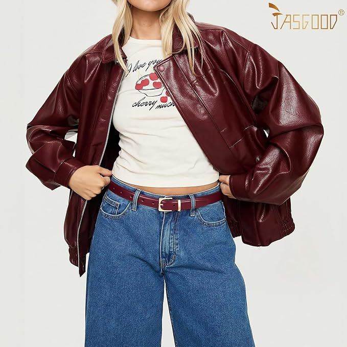 JASGOOD Women Leather Belt Fashion Ladies Skinny Leather Waist Belt for Pants Jeans Dress with Gold Buckle