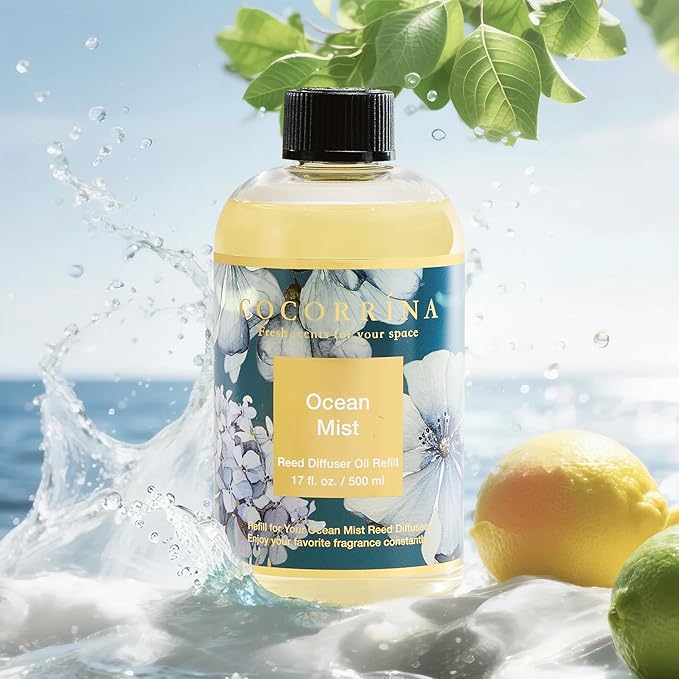 Cocorrína Reed Diffuser Refill Ocean Mist 17oz (500ml) with 8 Sticks - Premium Long-Lasting Scented Oil, Home Fragrance for Bedroom, Bathroom Home Decor