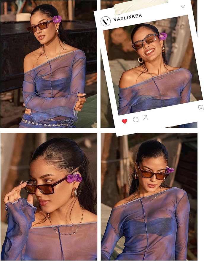 VANLINKER Retro Rectangular Polarized Sunglasses for Women Men Trendy Small Chic 80s 90s Square Sun Glasses VL9877