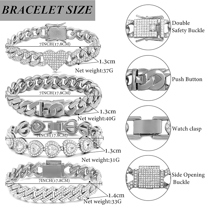 4PCS Gold Bracelets for Women Silver Clustered Tennis Bracelet for Women Heart Round Diamond Cuban Bracelet Layered Link Bracelet Set Fashion Jewelry for Women Set