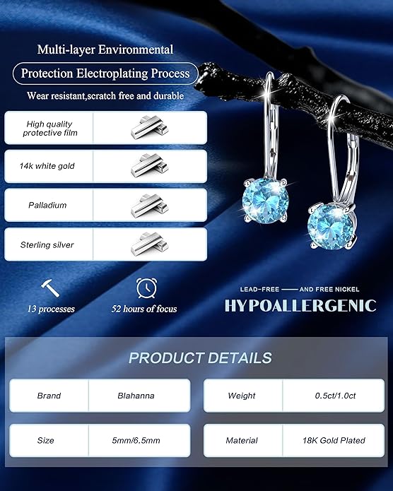 Moissanite Earrings,1.0ct-2.0ct D Color Brilliant Round Cut Earring 18K White Gold Plated Sterling Silver Dangle Earrings Moissanite Leverback Drop Earring s