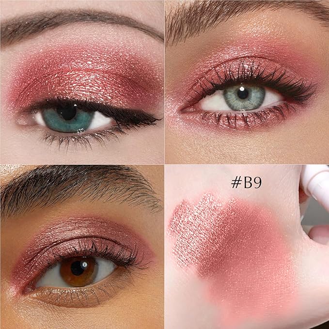 Copper Pink Shimmer Eyeshadow Stick, Cream Eyeshadow Long-Lasting Crease-Proof Neutral Glitter Eye Shadow Eyeliner Pencil High Pigmented Highlighter Makeup with Blending Brush