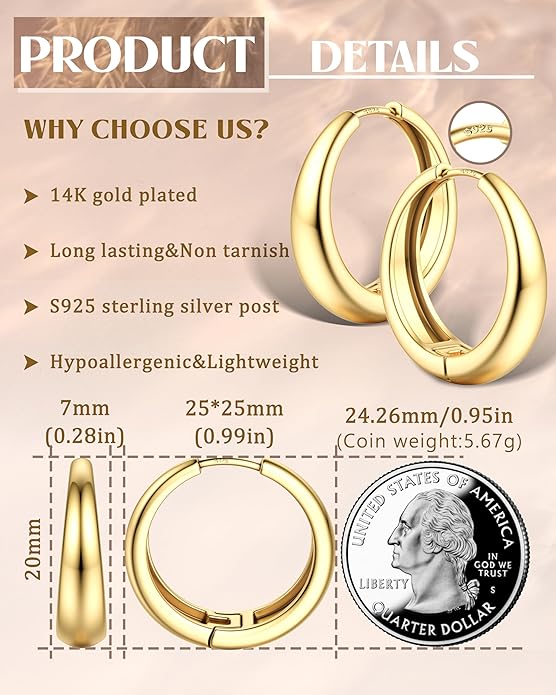 14K Gold Plated Small Chunky Hoop Earrings Sterling Silver Post - Hypoallergenic Trendy Thick Lightweight Silver Plated Huggie Hoops Dainty Hoop Earrings for Women Non Tarnish Jewelry Gifts