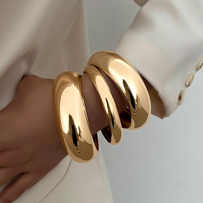iF YOU Chunky Gold Bangle Bracelets for Women, 14k Gold Plated Multi Layer Stackable Cuff Bracelet Set, Trendy Statement Bracelet Stack Jewelry Gifts