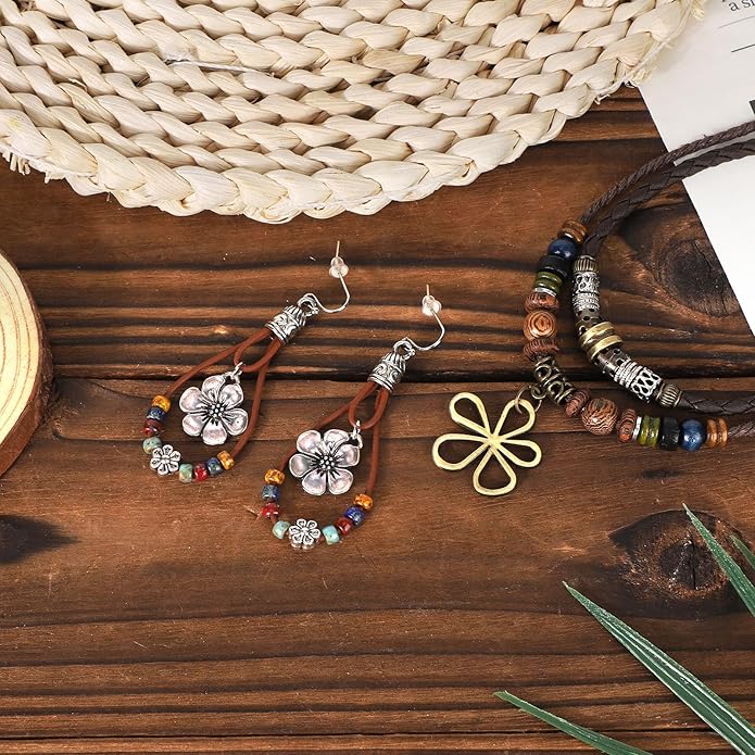 Multi-Layer Wood Bead Necklace with Flower Earrings, Boho Hippie Necklaces with Hollow Flower Pendant Bohemian Statement Gifts Jewelry for Men Women Western Country Music Concert