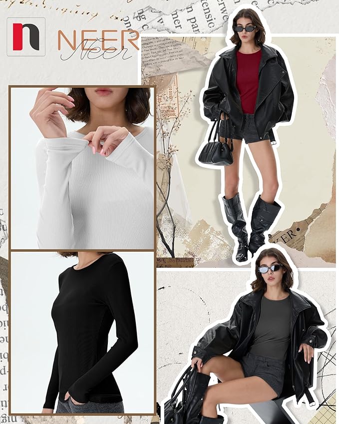 Neer 4 Pack Women's Ribbed Long Sleeve Shirts, Cotton Crew Neck Slim Fit Tops Stretch Knit Casual Base Layer Basic Tee Shirts