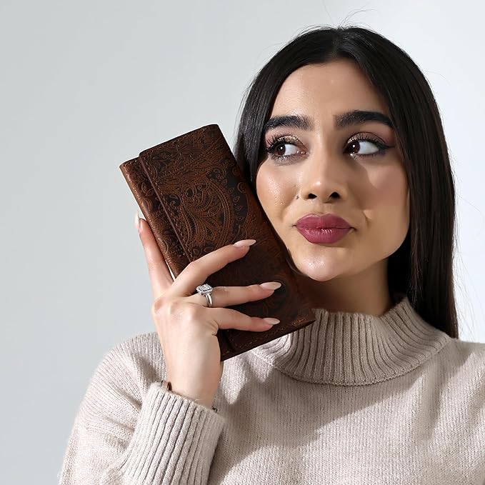 Genuine Leather Handmade Wallet for Women Large Capacity Credit Card Holder Ladies Bifold Long Clutch Handbag Slim Minimalist Western Purse with Zipper Pocket