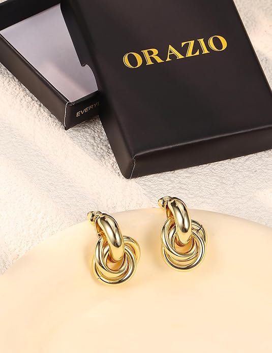 ORAZIO Chunky Gold Plated Knot Earrings for Womens Trendy 925 Silver Statement Lightweight Dangle Drop Hypoallergenic Large Geometric Stud Earring Jewelry for Women