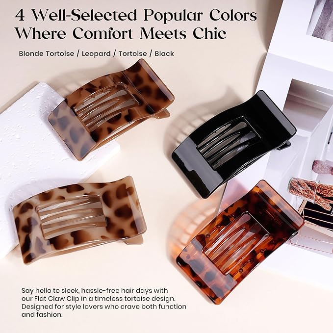 Oeusnae 4 PCS Flat Hair Clips for Women Girls, French Concord Lay Down Claw Clips for Thick Thin Hair, Comfortable Curved Large Flat Clip, Leopard Print Stylish Strong Hold Hair Accessories, Tortoise