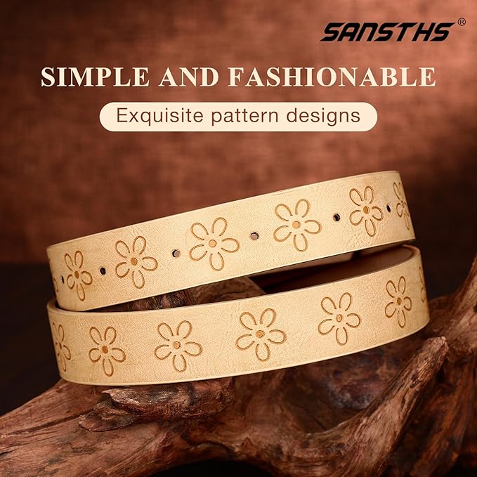 SANSTHS Womens Belt for Jeans Pants Dresses with Alloy Buckle, Floral Print Belt for Women with Unique Print Design