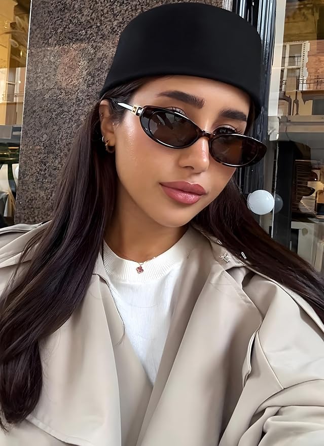 Retro Oval Cat Eye Sunglasses for Women Trendy Narrow Small Oval Sun Glasses 90s Vintage Shades