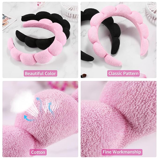 Spa Headbands for Washing Face or Facial, Set of 2 Skincare Headbands, Terry Cloth Headband Wash Combo Pack - Puffy Makeup Washing, Mask, Skin Treatment (Black & Pink)