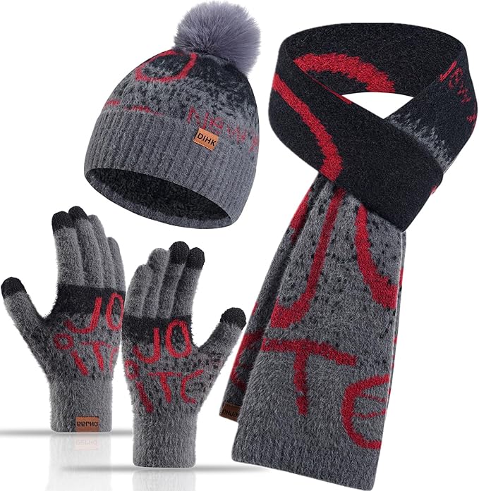 Winter Hat Scarf Gloves Set for Women Womens Knit Warm Hat Beanie Long Scarf Touchscreen Gloves Skull Caps Neck Scarves