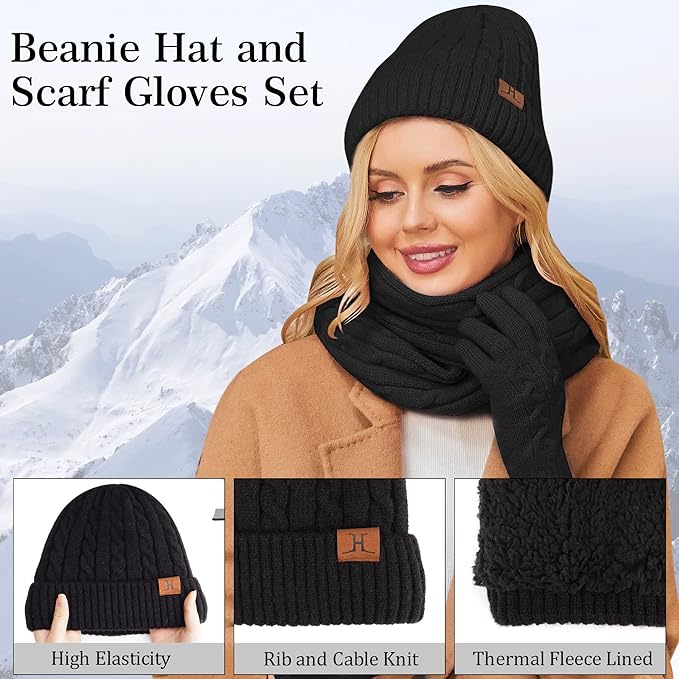 Womens Winter Beanie Hats Long Scarf Touchscreen Gloves Set Warm Knit Skull Caps Gifts for Women