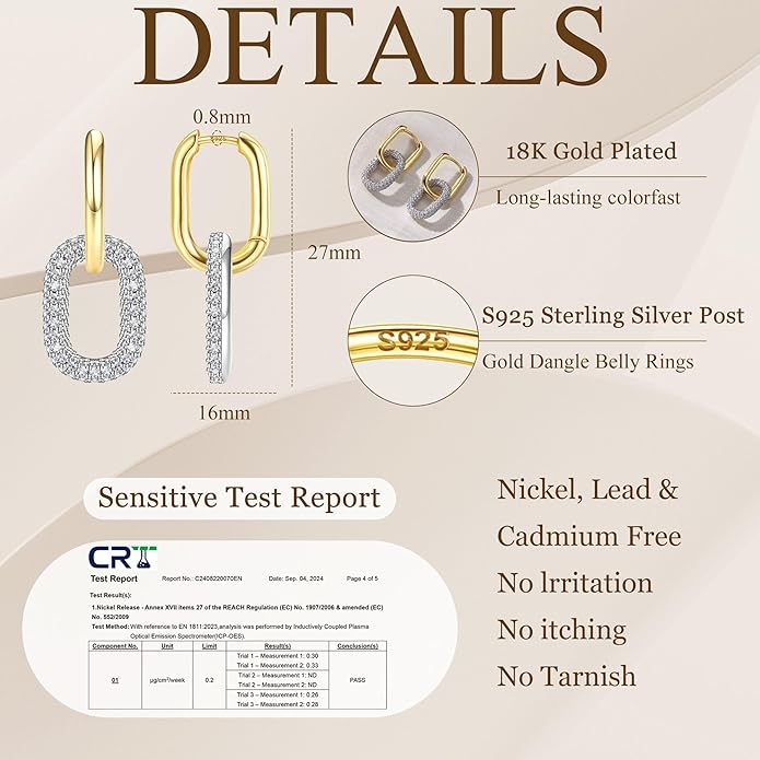 18K Gold Plated Two Tone Gold Silver Hoop Earrings for Women Hypoallergenic - 925 Sterling Silver Drop Dangle Paperclip Huggie Hoop Earrings - Chain Link Dangle Earrings Jewelry
