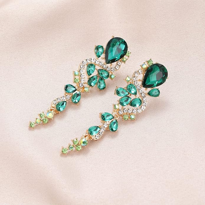 Fashion Rhinestone Statement Drop Dangle Earrings Long Colorful Crystal Bridal Wedding Teardrop Chandelier Earrings for Women Prom Pageant
