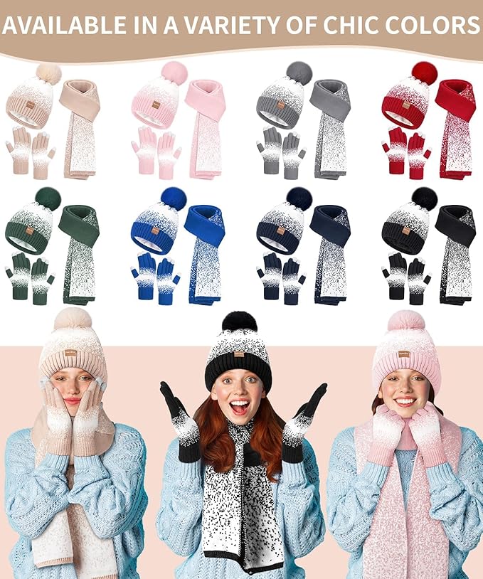 Remifa Womens Winter Beanie Hat Scarf Gloves Set, Pom Pom Warm Hat Long Knit Scarf Touchscreen Gloves 3 In 1 Christmas Gift