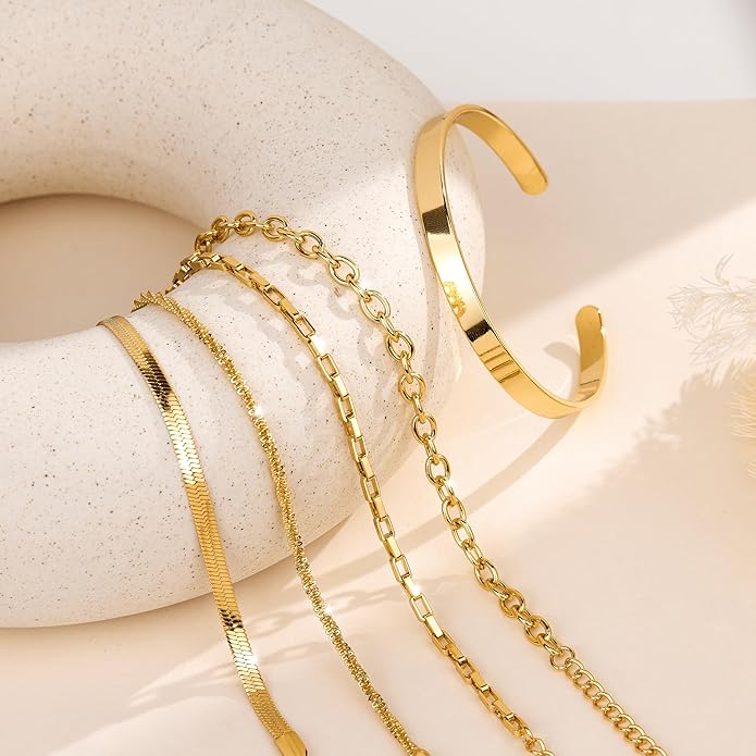 Dainty Thin Gold Bracelet for Women Stack, 14K Gold Plated Bracelet Stackable Set with Bangle Cuff, Box, Herringbone, Paperclip, Figaro, Sparkling Link Chains, Simple Waterproof Non Tarnish Minimalist Gifts for Women Trendy