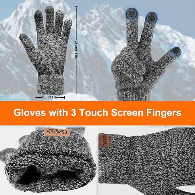 3PCS Winter Beanie Hat Scarf Touchscreen Gloves Set for Men and Women, Knitted Fleece Lined Hats Thermal Gloves Long Scarf