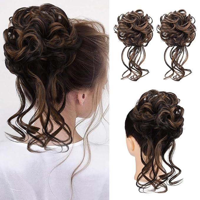 HOOJIH 2PCS Messy Bun Hair Piece, Tousled Updo with Tendrils and Wavy Curly Hair Wrap Ponytail Hairpieces for Women - HB010 Dasiy - Black Brown with highlights