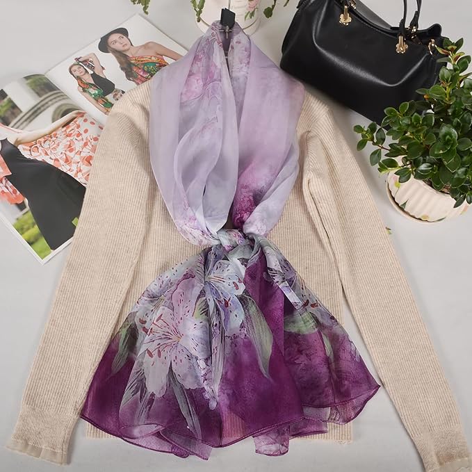 100% Mulberry Silk Women's Neck Silk Scarf-Lightweight Shawl,FLoral Print Beach Silk Wrap-Scarves for Photography