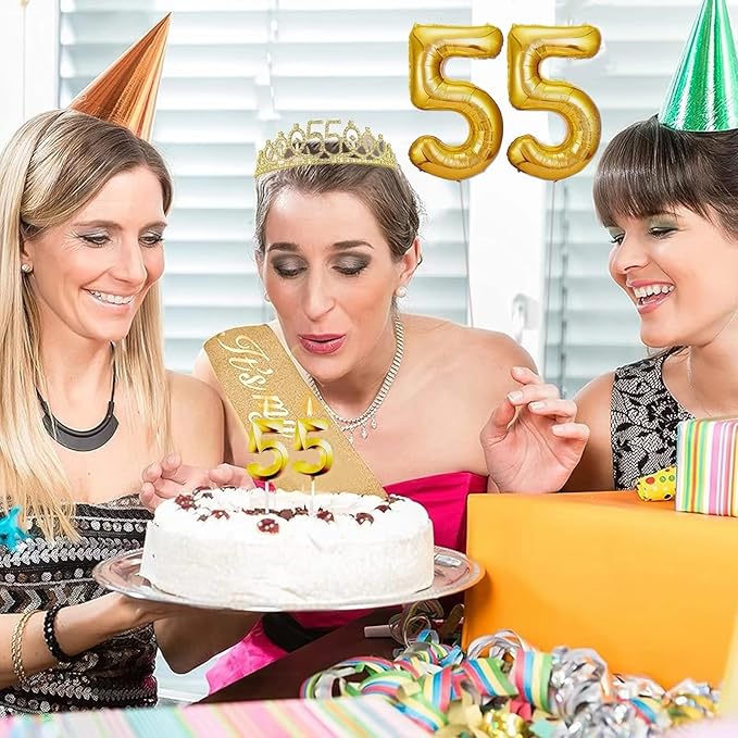 55th Birthday Decorations for Her Girls Set, Include 55th Birthday Crown and 55 Sash, 55th Birthday Cake Topper and 55 Birthday Candles, Gold 55 Balloons, Women 55th Party Supplies(Gold)