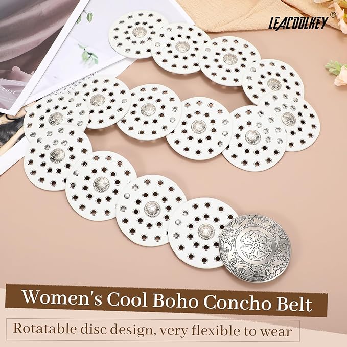 LEACOOLKEY Women's Boho Disc Belt Wide Western Leather Belt Vintage Concho Waist Belts for Dress Jeans