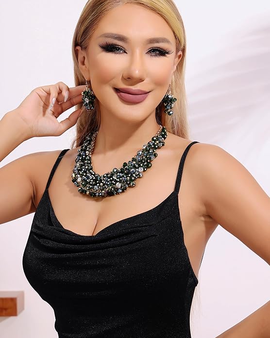 Bocar Fashion Crystal Chunky Collar Statement Necklace Earring Set for Women Gift (NK-10260)