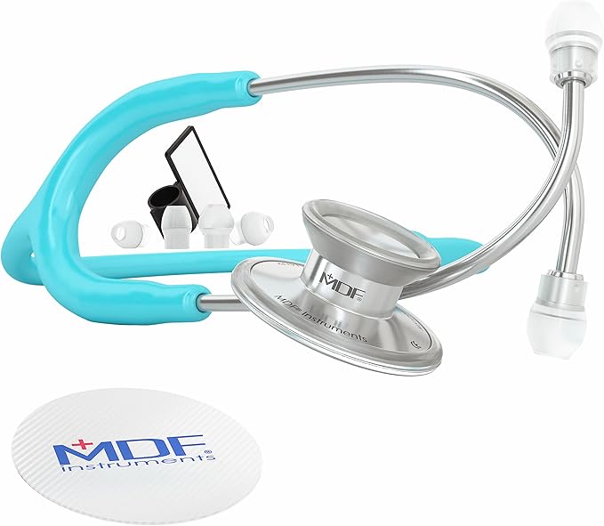 MDF Instruments, Acoustica Lightweight Stethoscope for Doctors, Nurses, Students, Home Health Use, Adult, Dual Head, Pastel Blue Tube, Silver Chestpiece-Headset, MDF747XP03