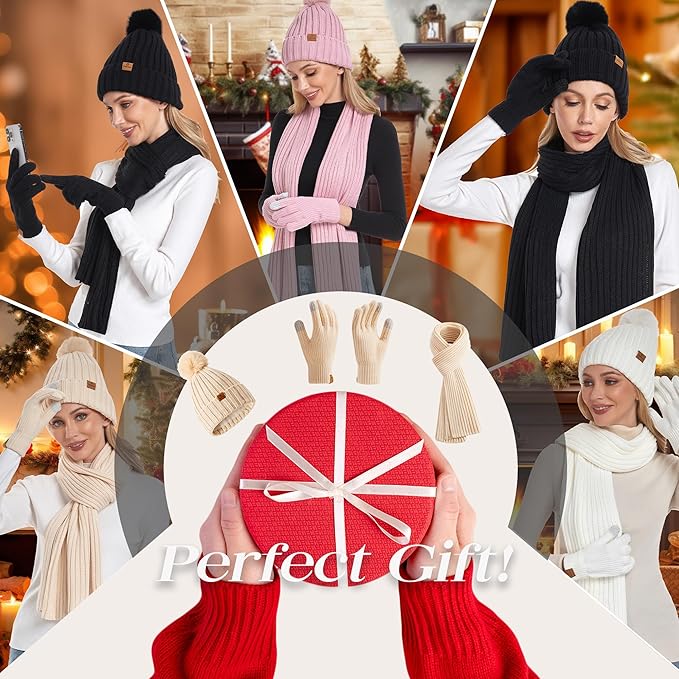 Coolprince Womens Long Scarf Gloves and Hat Set Cold Weather Hat Scarf Glove Set for Women Winter Beanie Hats with Pom Pom
