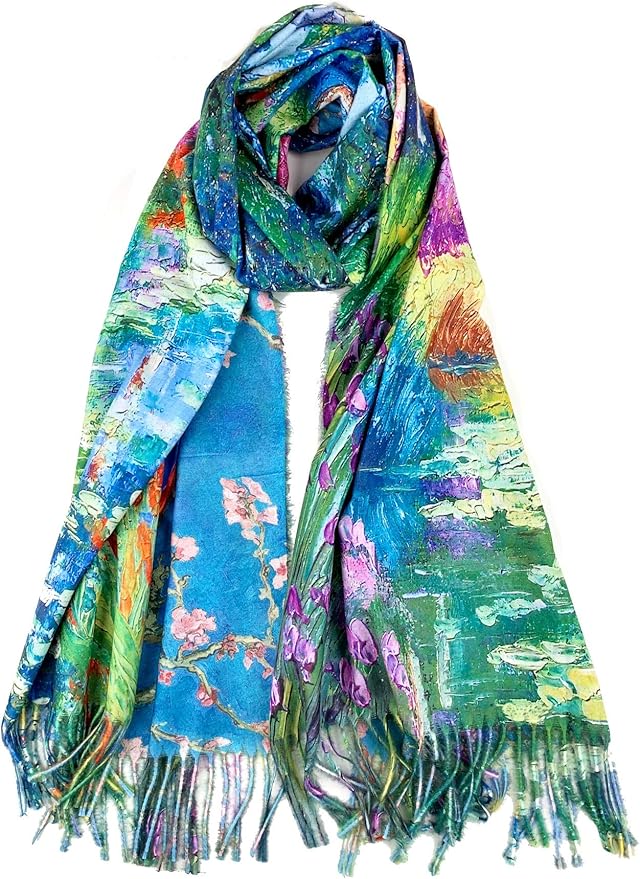 Plum Feathers Super Soft Cashmere Feel Double Sided Reversible Art Shawl Scarf Van Gogh Monet Klimt Inspired