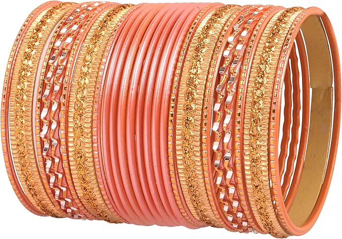 Touchstone Indian Metal Bangles for Women Gold Alloy Bracelets desi 2 Dozen Bangle Collection Bollywood Women's Jewelry Set Multi Stacking Wide Chunky Textured Golden Set of 24 in Gold or White Tone