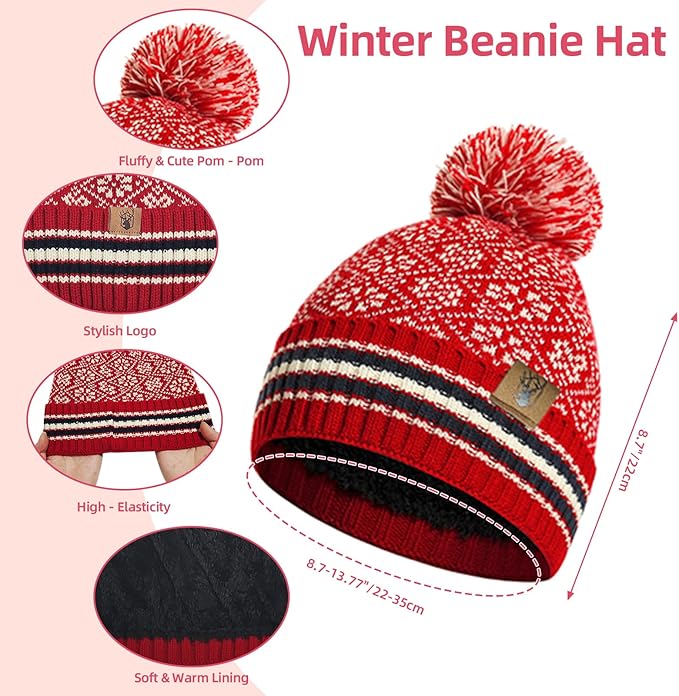 Womens Winter Beanie Hat Long Scarf and Touchscreen Gloves 3Pieces Fleece Lined Skull Caps with Pompom Neck Scarves Set