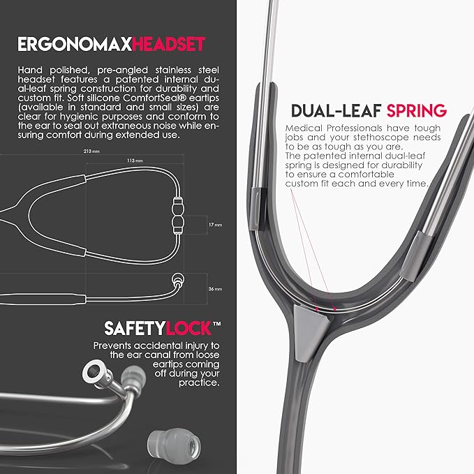 MDF Instruments, Acoustica Lightweight Stethoscope for Doctors, Nurses, Students, Home Health Use, Adult, Dual Head, Grey Tube, Silver Chestpiece-Headset, MDF747XP12