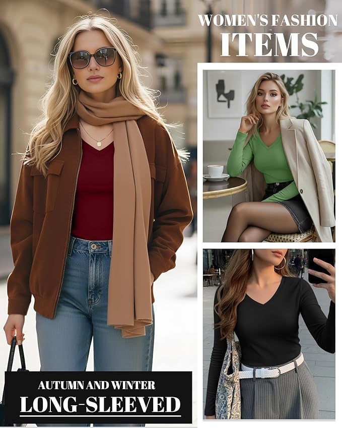 Ficerd 3 Pack Women's Long Sleeve Shirts, V Neck Basic Tees Slim Fitted Casual Fall Tops Going Out Blouses T Shirts