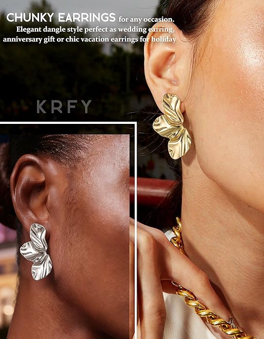 KRFY Statement Earrings 2 Pairs, S925 Sterling Silver Post 16K Plated Chunky Gold Earrings For Women Trendy, Hypoallergenic Big Flower Leaf Stud Earring Set, Silver Color Large Dangle Earrings Jewelry