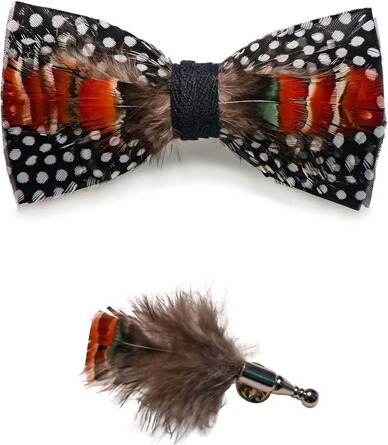 RBOCOTT Handmade Feather Pre-tied Bow tie and Brooch Sets for Men