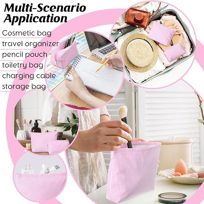 2 Pieces Makeup Bag Set Cute Cosmetic Pouch for Women Seersucker Travel Toiletry Bag Preppy Small Makeup Purse Pouch Aesthetic Skincare Brushes Storage Organizer for Christmas Women(Pink)