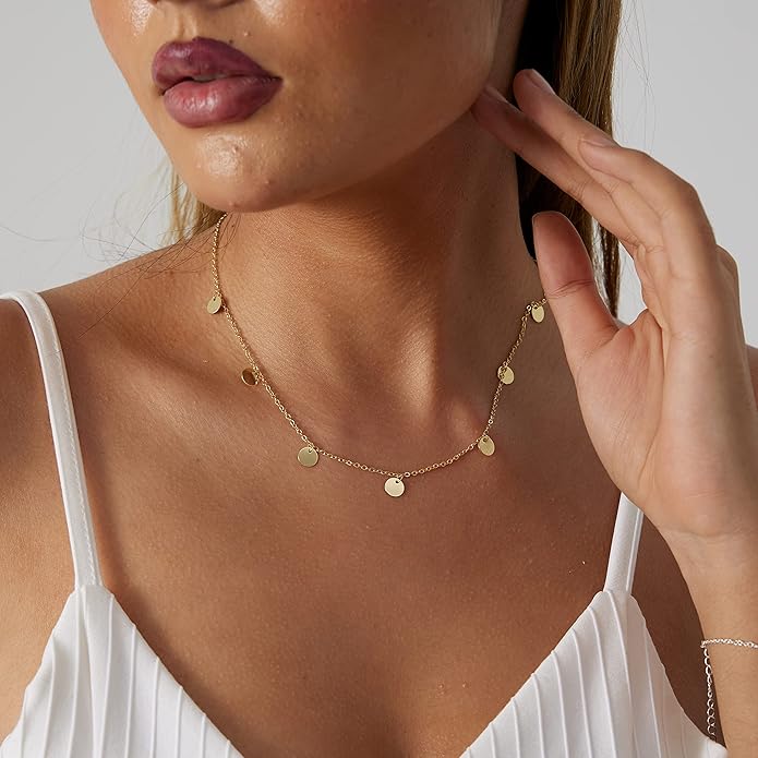 MIDEEO 14K Gold Leaf Pendant Necklaces for Women Dainty Sun Coin Choker Medallion Moon Star Necklace Minimalist Jewelry
