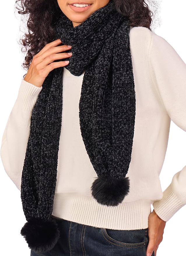 Womens Chenille Scarf with Pompom Winter Knit Warm Scarves for Cold Weather with Gift Box