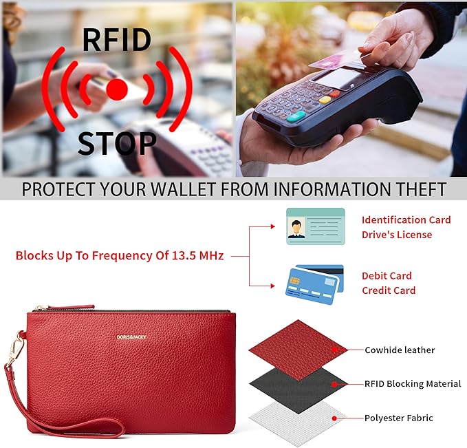 DORIS&JACKY Small Leather Wristlet Clutch Purse for Women Slim Designer Wallet and Cellphone Pouch Bag With Detachable Strap