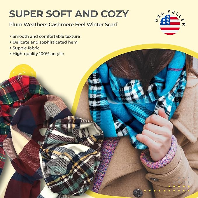 Plum Feathers Plaid Check and Solid Cashmere Feel Winter Scarf, Warm Scarfs, Cold Weather Accessories, Fringe Scarves